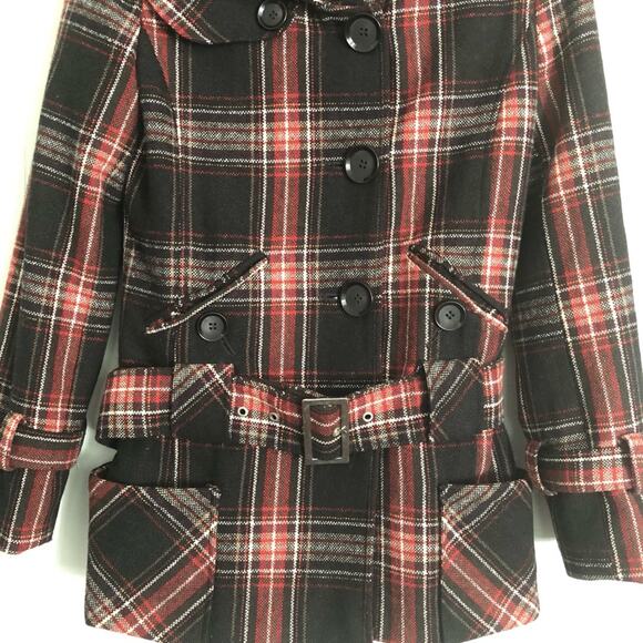 Moda brown red wool plaid preppy academia 70s 60s retro belted peacoat XS - Picture 2 of 7